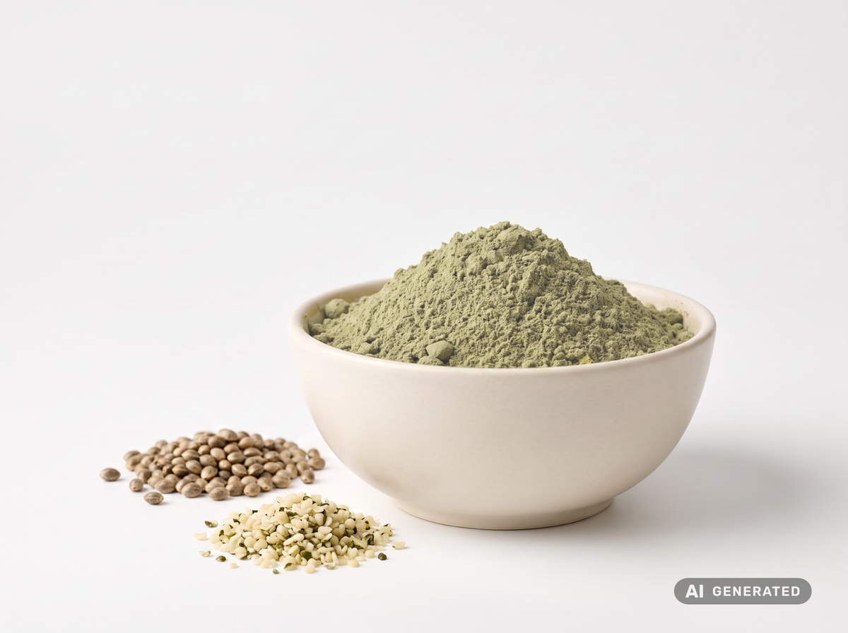 Protéine de chanvre 50, bio – protéine en poudre gris-vert dans un bol blanc avec des graines de chanvre