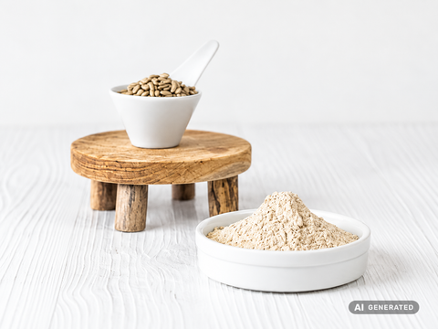 Heliaflor® 55 – proteina di girasole in polvere beige in ciotola bianca, dietro semi di girasole su un supporto di legno