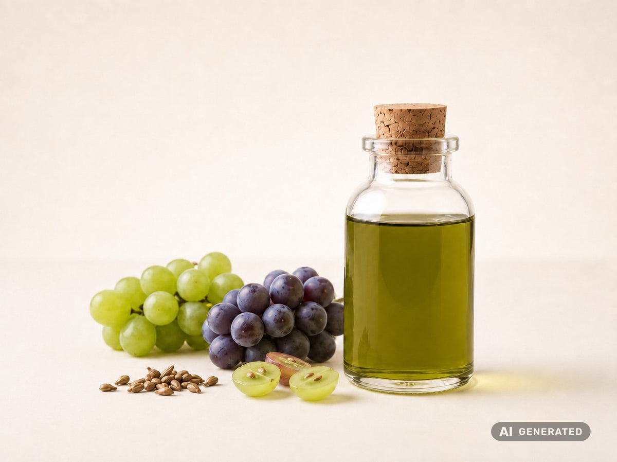 Traubenkernöl kaltgepresst, bio – grünliches Öl in Glasflasche mit grünen und blauen Weintrauben