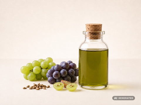 Olio di vinaccioli spremuto a freddo, bio – olio verdastro in bottiglia di vetro con uva verde e nera