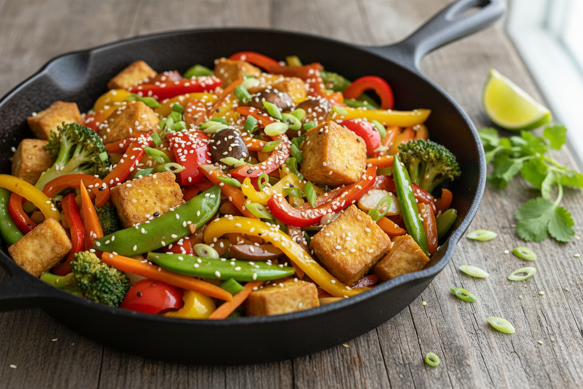 Tofu-Gemüse-Pfanne mit Paprika, Brokkoli und Zuckerschoten
